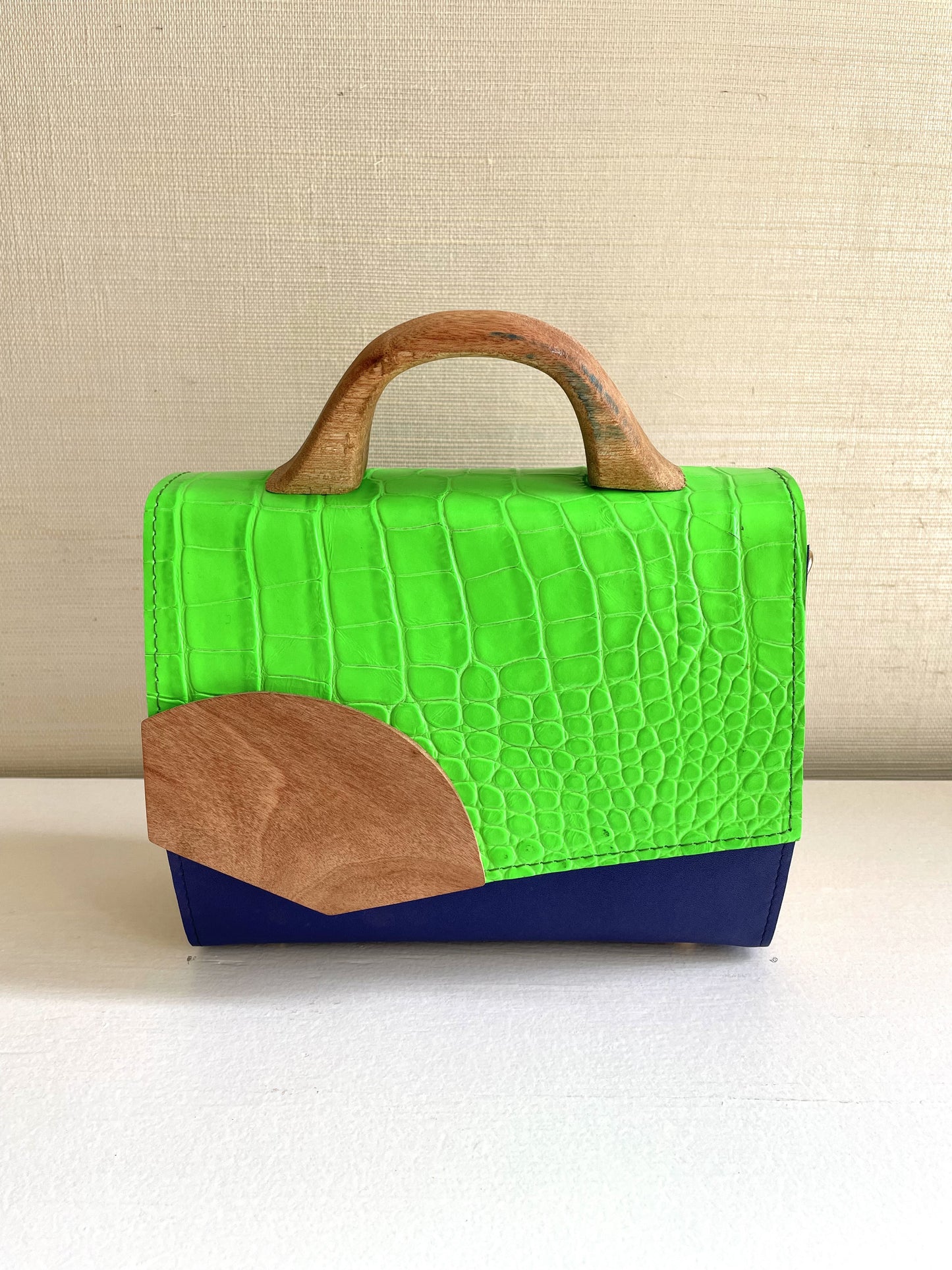 Neon Green Crocodile and Navy Handbag