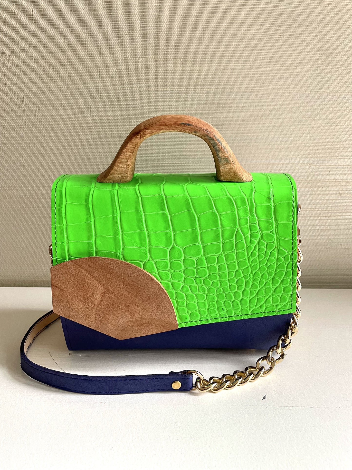 Neon Green Crocodile and Navy Handbag